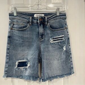 Judy Blue Distressed, Denim Patch Jean Shorts with Frayed Hem.  Size Small